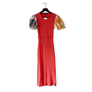 Desigual Puff Sleeve Cutout Back Knit Midi Dress Red Orange Multicolor M